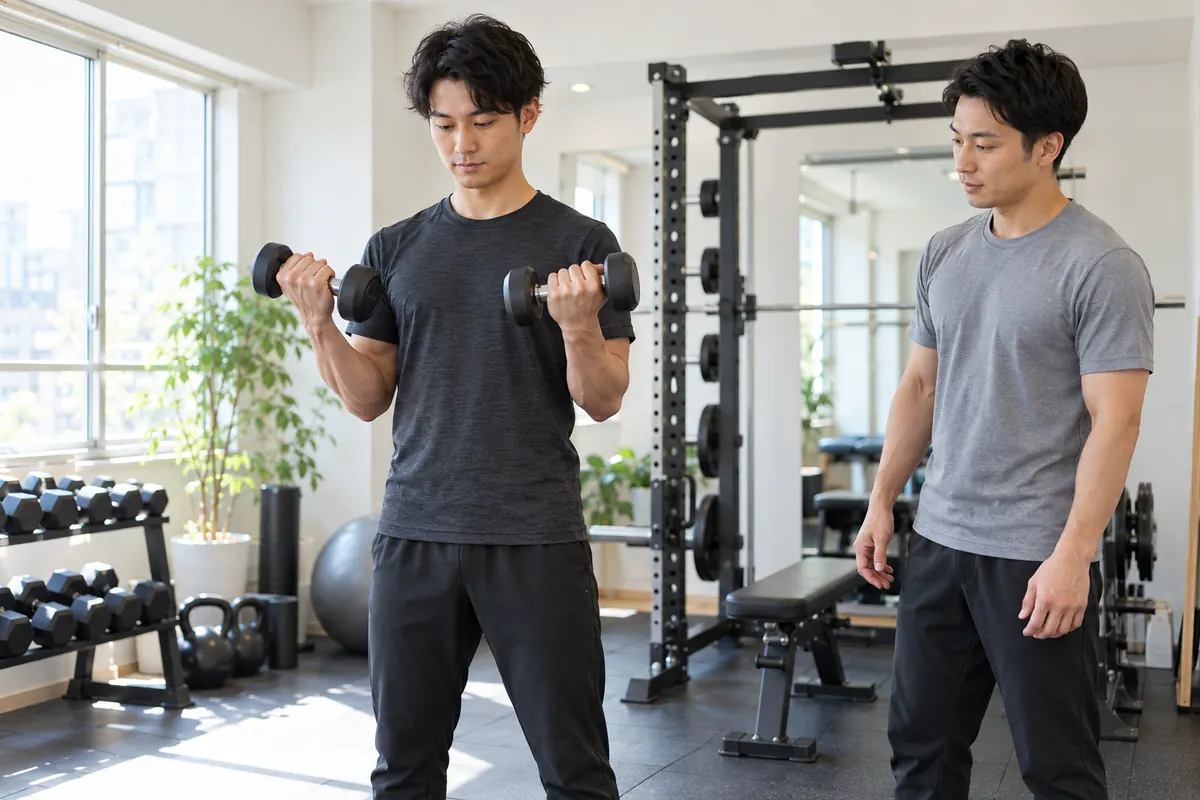 パーソナルジムでトレーナーとダンベル運動に取り組む男性のイメージ